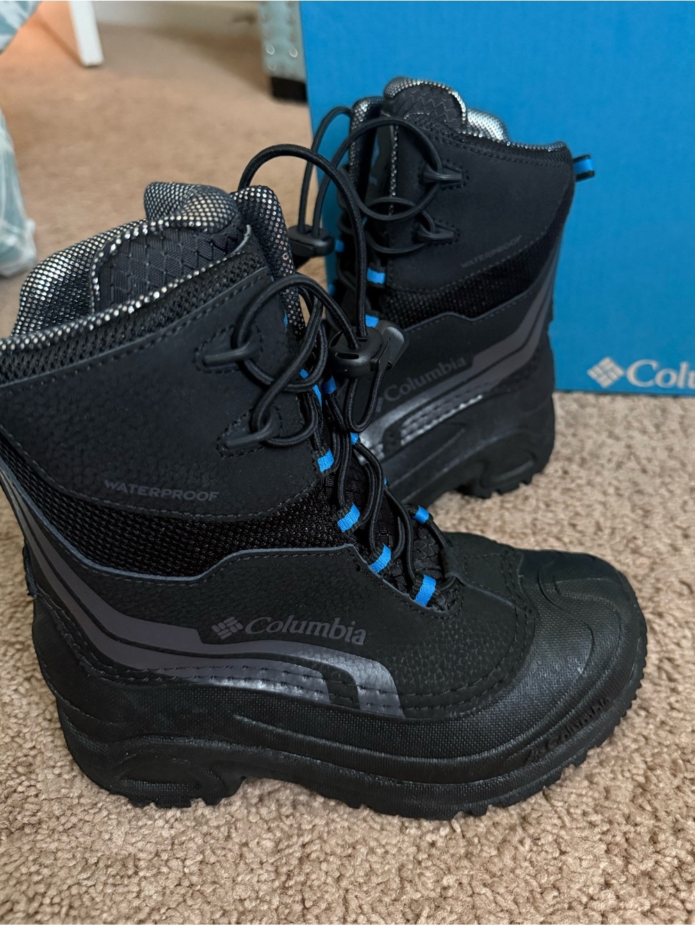 Columbia Kids Black Winter Snow Boots with Blue Accents